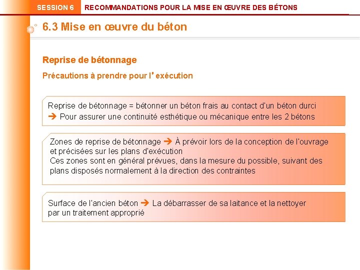 SESSION 6 RECOMMANDATIONS POUR LA MISE EN ŒUVRE DES BÉTONS 6. 3 Mise en