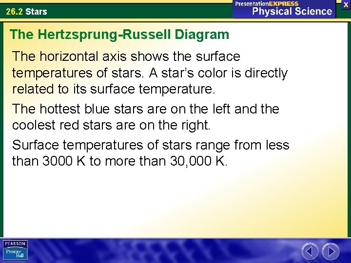 26. 2 Stars The Hertzsprung-Russell Diagram The horizontal axis shows the surface temperatures of
