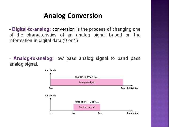 Analog Conversion - Digital-to-analog: conversion is the process of changing one of the characteristics