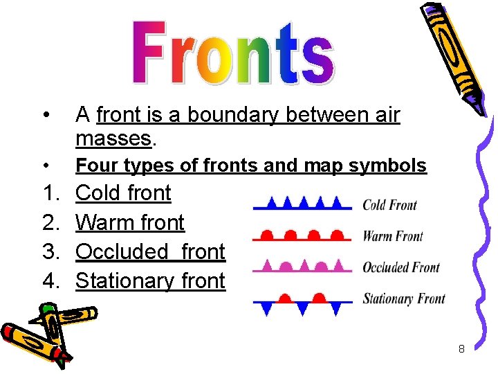  • A front is a boundary between air masses. • Four types of
