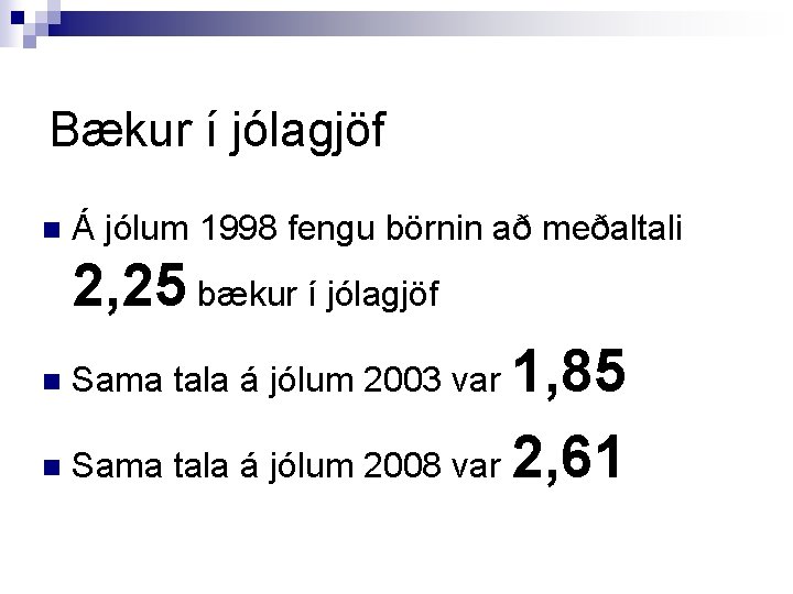 Bækur í jólagjöf n Á jólum 1998 fengu börnin að meðaltali 2, 25 bækur