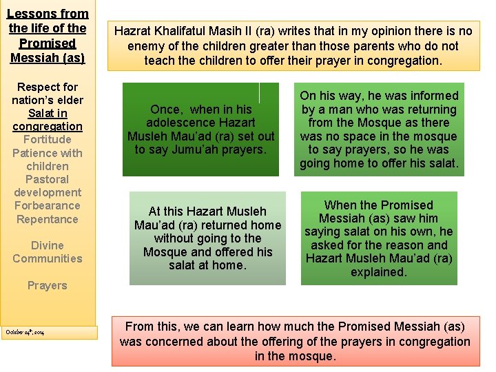 Lessons from the life of the Promised Messiah (as) Respect for nation’s elder Salat