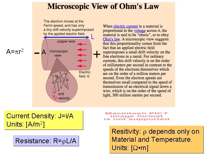 L A= r 2 A Current Density: J=i/A Units: [A/m 2] Resistance: R= L/A