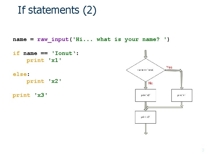 If statements (2) name = raw_input('Hi. . . what is your name? ') if