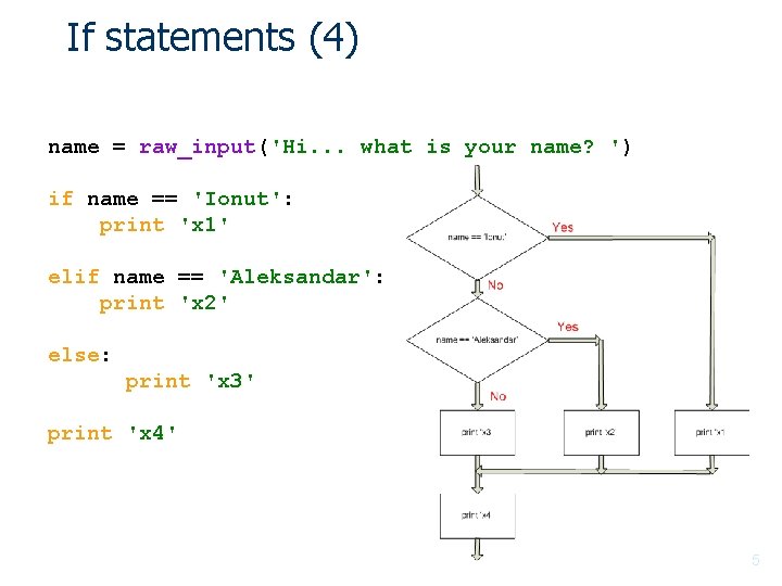 If statements (4) name = raw_input('Hi. . . what is your name? ') if