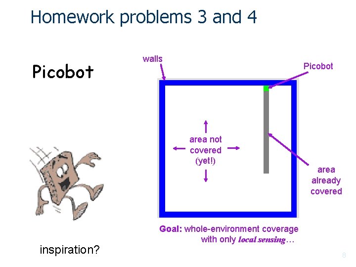 Homework problems 3 and 4 Picobot walls Picobot area not covered (yet!) inspiration? area