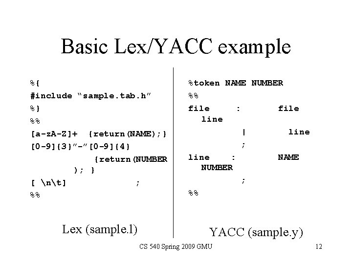 Basic Lex/YACC example %{ #include “sample. tab. h” %} %% [a-z. A-Z]+ {return(NAME); }