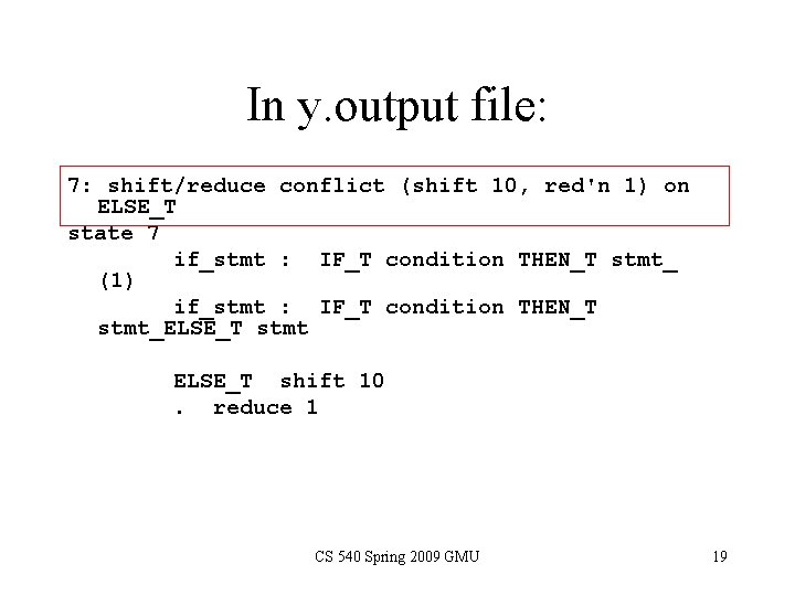 In y. output file: 7: shift/reduce conflict (shift 10, red'n 1) on ELSE_T state