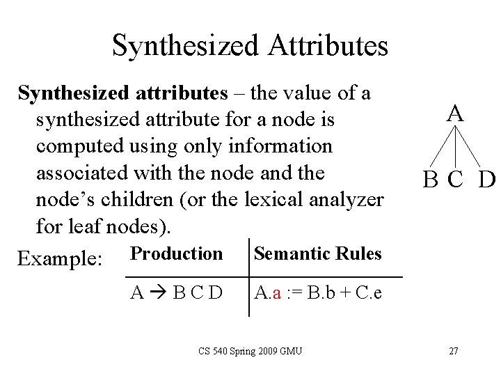 Synthesized Attributes Synthesized attributes – the value of a synthesized attribute for a node