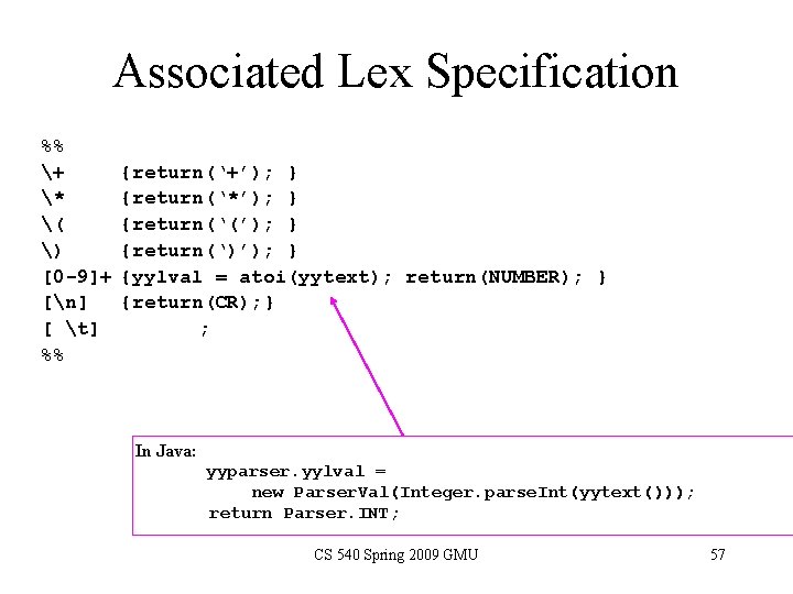 Associated Lex Specification %% + * ( ) [0 -9]+ [n] [ t] %%