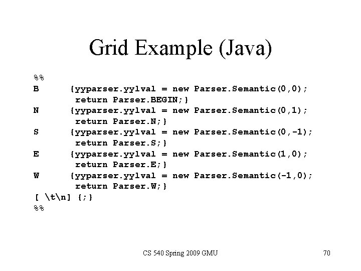 Grid Example (Java) %% B Parser. Semantic(0, 0); N Parser. Semantic(0, 1); S {yyparser.