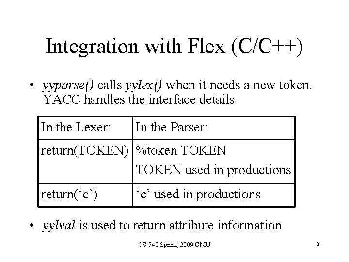 Integration with Flex (C/C++) • yyparse() calls yylex() when it needs a new token.