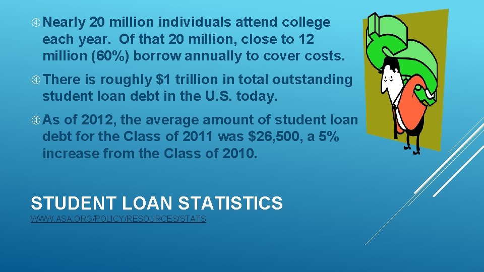  Nearly 20 million individuals attend college each year. Of that 20 million, close