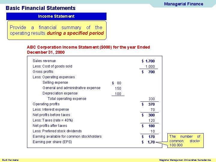 Managerial Finance Basic Financial Statements Income Statement Provide a financial summary of the operating