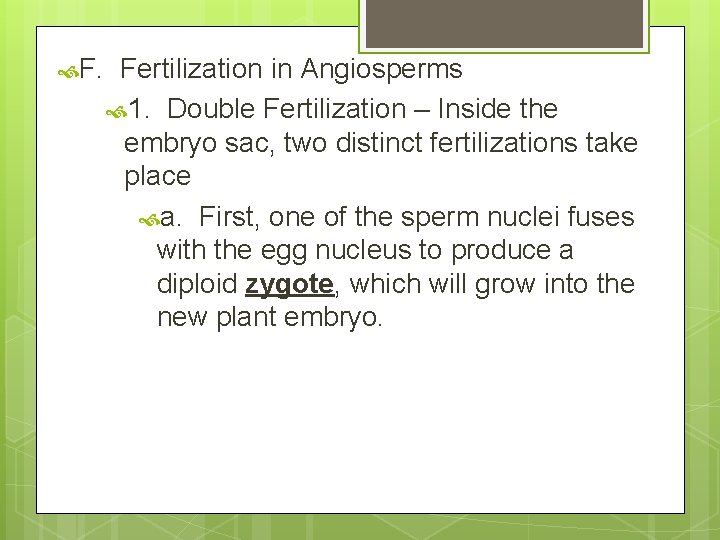  F. Fertilization in Angiosperms 1. Double Fertilization – Inside the embryo sac, two