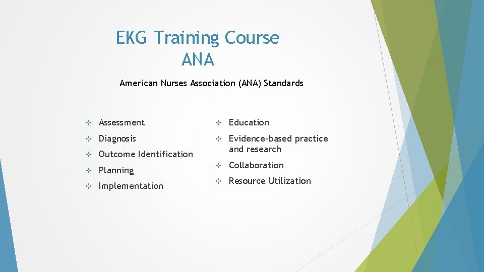 EKG Training Course ANA American Nurses Association (ANA) Standards v Assessment v Education v EKG Training Course ANA American Nurses Association (ANA) Standards v Assessment v Education v