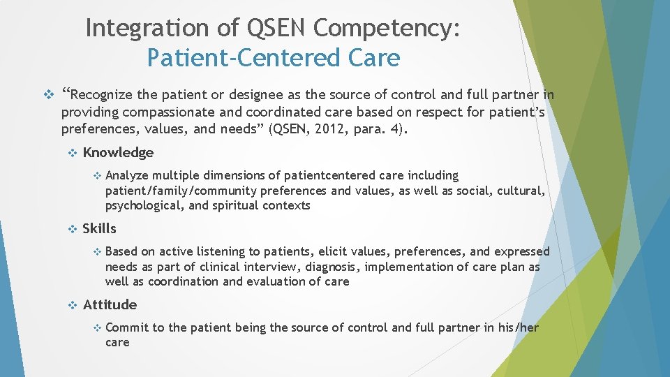 Integration of QSEN Competency: Patient-Centered Care v “Recognize the patient or designee as the Integration of QSEN Competency: Patient-Centered Care v “Recognize the patient or designee as the