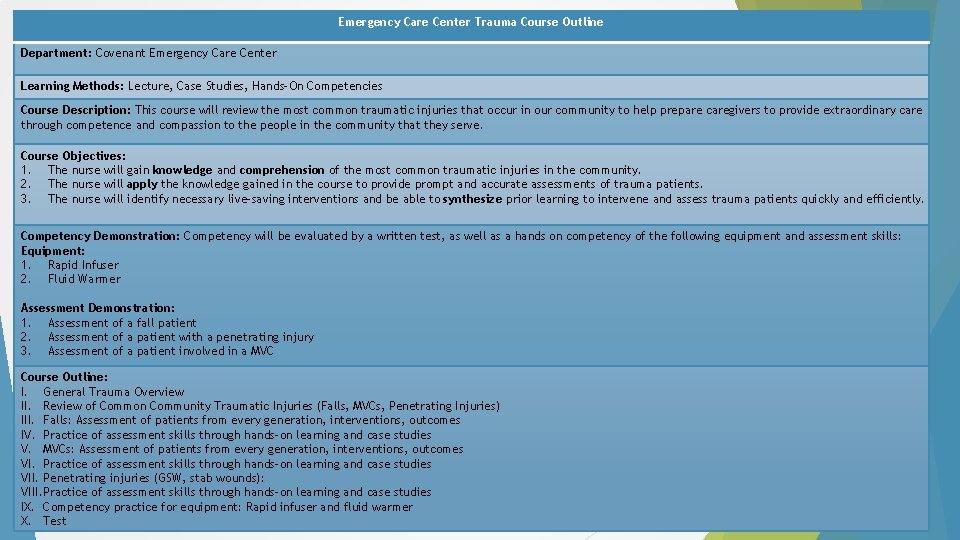 Emergency Care Center Trauma Course Outline Department: Covenant Emergency Care Center Learning Methods: Lecture, Emergency Care Center Trauma Course Outline Department: Covenant Emergency Care Center Learning Methods: Lecture,