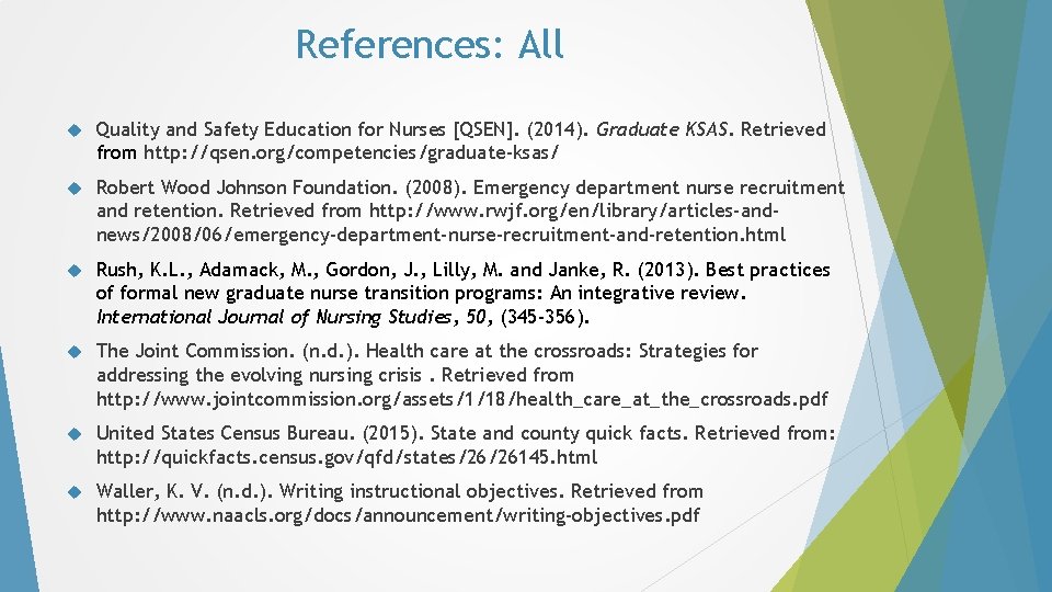 References: All Quality and Safety Education for Nurses [QSEN]. (2014). Graduate KSAS. Retrieved from
