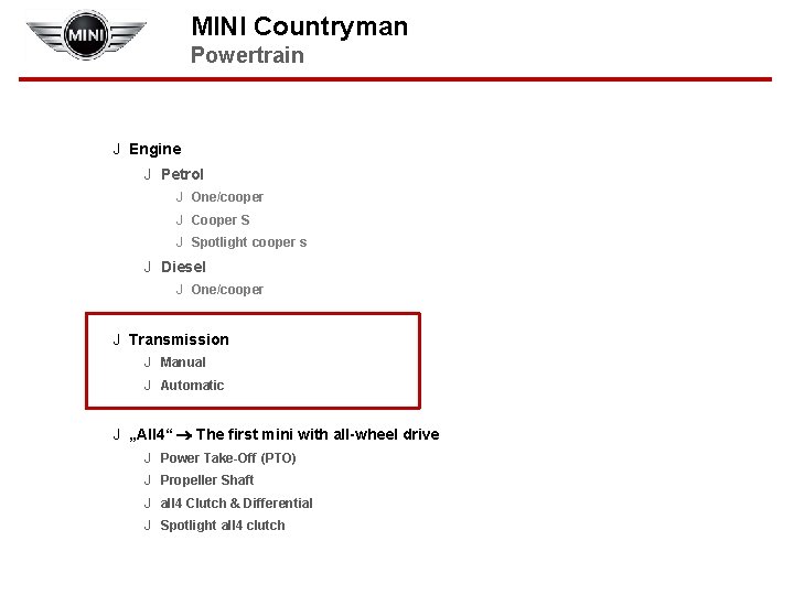 MINI Countryman Powertrain J Engine J Petrol J One/cooper J Cooper S J Spotlight