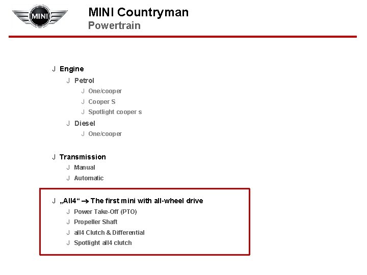 MINI Countryman Powertrain J Engine J Petrol J One/cooper J Cooper S J Spotlight