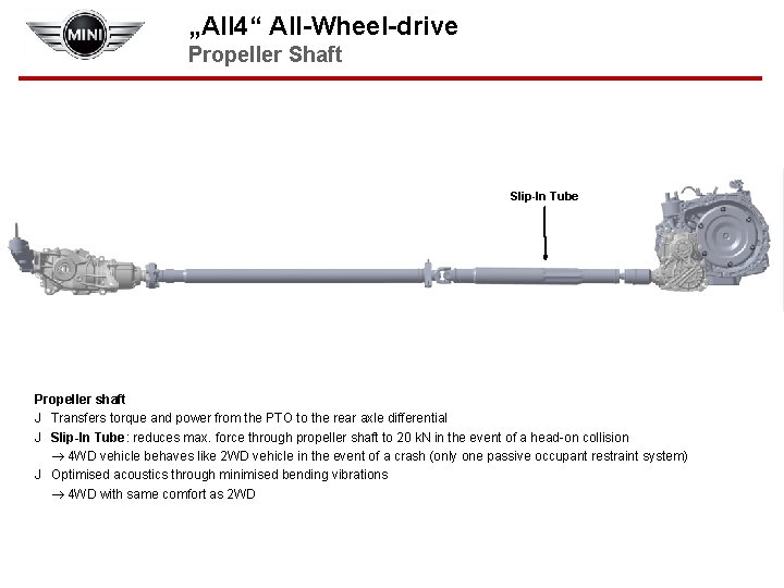 „All 4“ All-Wheel-drive Propeller Shaft Slip-In Tube Propeller shaft J Transfers torque and power