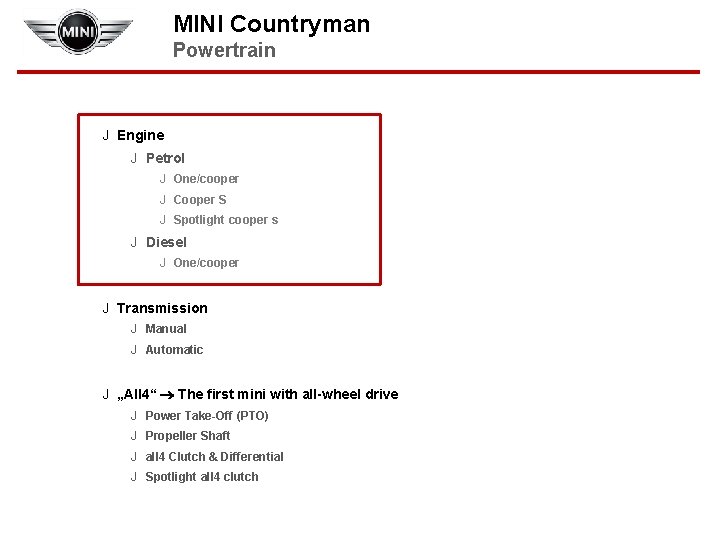 MINI Countryman Powertrain J Engine J Petrol J One/cooper J Cooper S J Spotlight