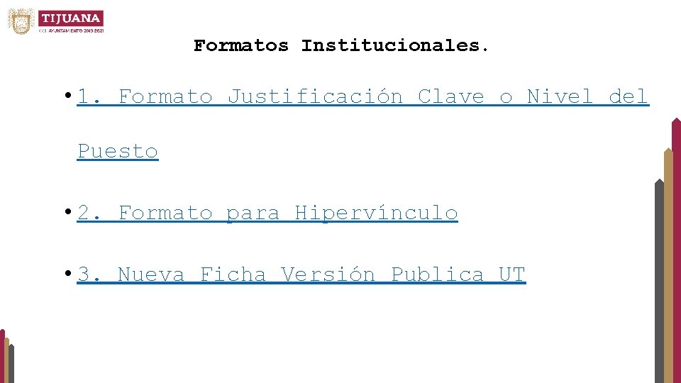 Formatos Institucionales. • 1. Formato Justificación Clave o Nivel del Puesto • 2. Formato