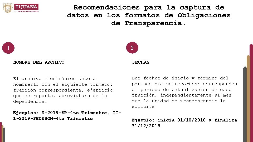 Recomendaciones para la captura de datos en los formatos de Obligaciones de Transparencia. 2