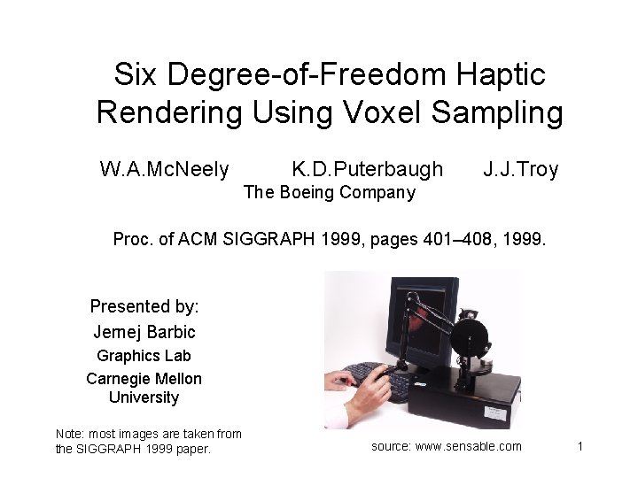 Six Degree-of-Freedom Haptic Rendering Using Voxel Sampling W. A. Mc. Neely K. D. Puterbaugh