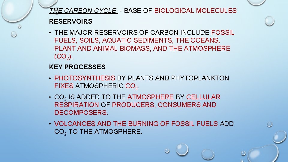 THE CARBON CYCLE - BASE OF BIOLOGICAL MOLECULES RESERVOIRS • THE MAJOR RESERVOIRS OF