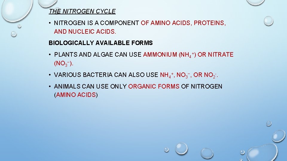 THE NITROGEN CYCLE • NITROGEN IS A COMPONENT OF AMINO ACIDS, PROTEINS, AND NUCLEIC