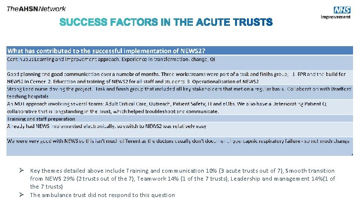 No Ø Key themes detailed above include Training and communication 10% (3 acute trusts