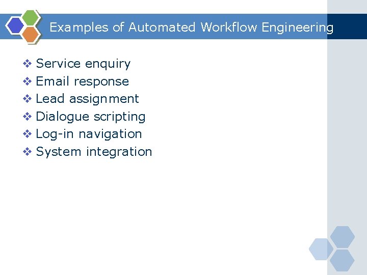 Examples of Automated Workflow Engineering v Service enquiry v Email response v Lead assignment