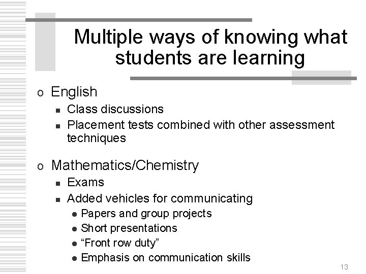 Multiple ways of knowing what students are learning o English n n o Class