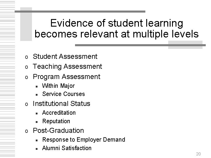Evidence of student learning becomes relevant at multiple levels Student Assessment o Teaching Assessment