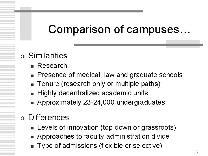 Comparison of campuses… o Similarities n n n o Research I Presence of medical,