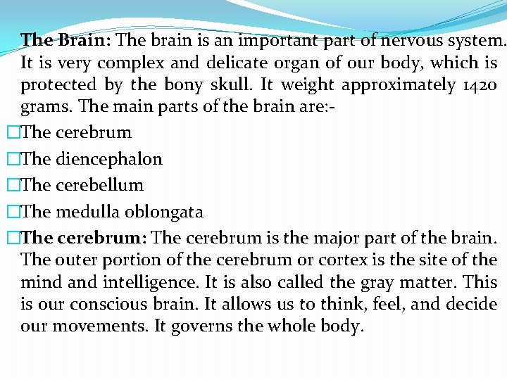The Brain: The brain is an important part of nervous system. It is very