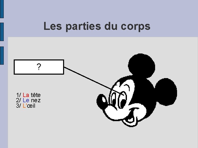 Les parties du corps ? 1/ La tête 2/ Le nez 3/ L'œil 