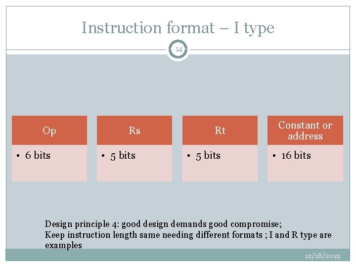 Instruction format – I type 14 Op • 6 bits Rs • 5 bits