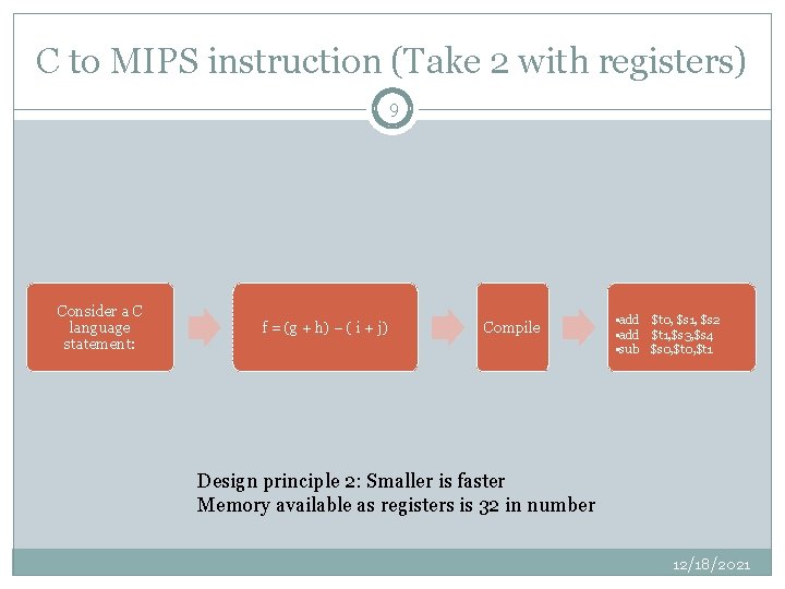 C to MIPS instruction (Take 2 with registers) 9 Consider a C language statement: