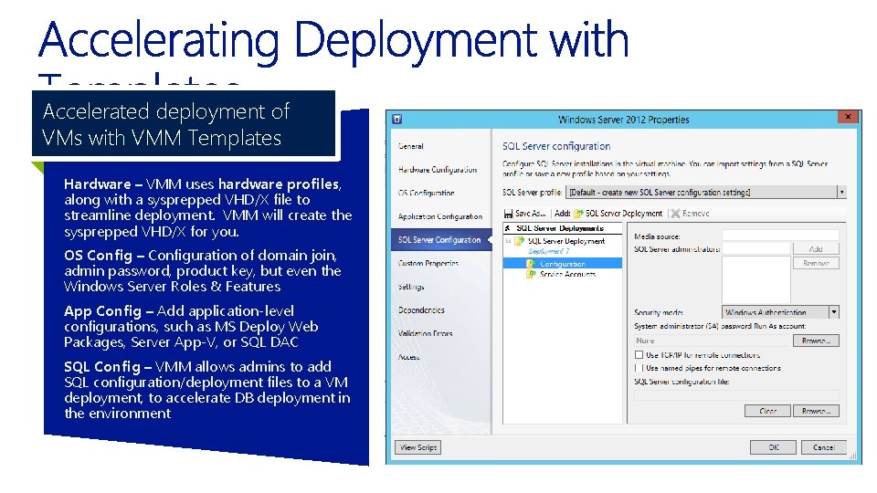 Accelerated deployment of VMs with VMM Templates Hardware – VMM uses hardware profiles, along