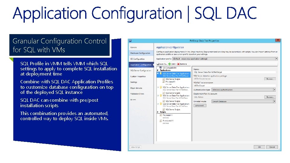 Granular Configuration Control for SQL with VMs SQL Profile in VMM tells VMM which