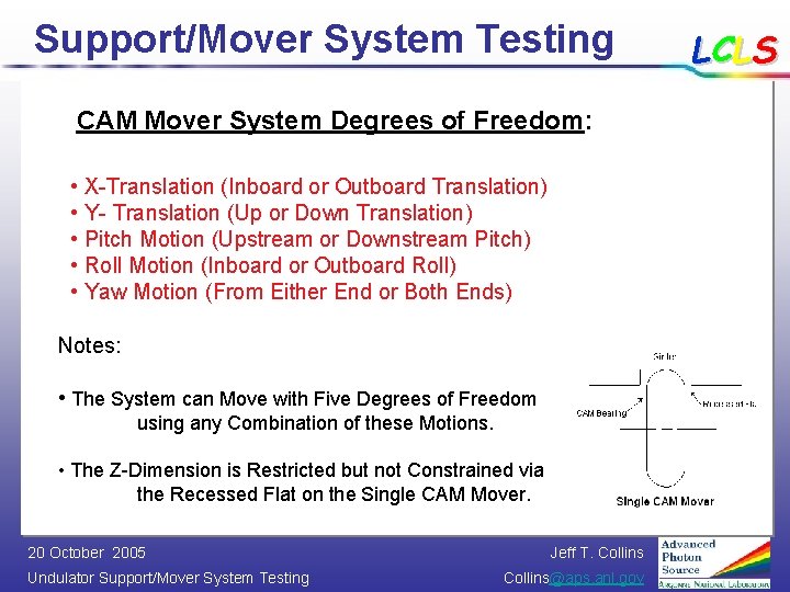 Support/Mover System Testing CAM Mover System Degrees of Freedom: • X-Translation (Inboard or Outboard