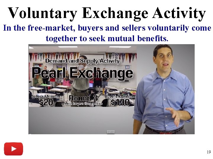 Voluntary Exchange Activity In the free-market, buyers and sellers voluntarily come together to seek