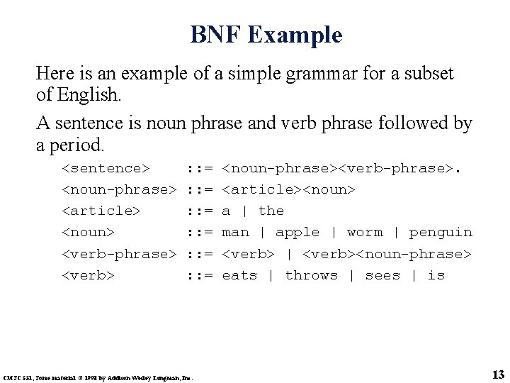 BNF Example Here is an example of a simple grammar for a subset of