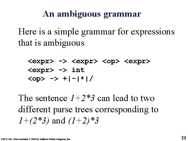 An ambiguous grammar Here is a simple grammar for expressions that is ambiguous <expr>