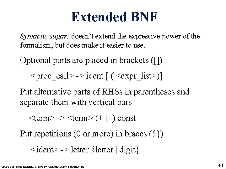 Extended BNF Syntactic sugar: doesn’t extend the expressive power of the formalism, but does