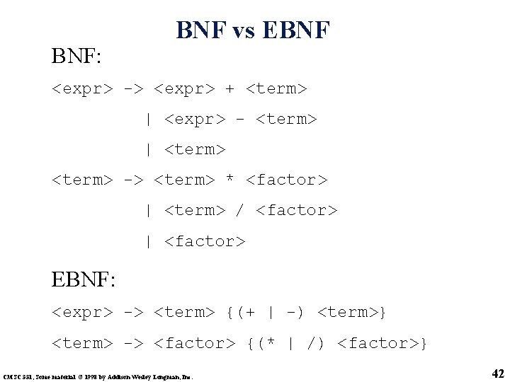 BNF: BNF vs EBNF <expr> -> <expr> + <term> | <expr> - <term> |