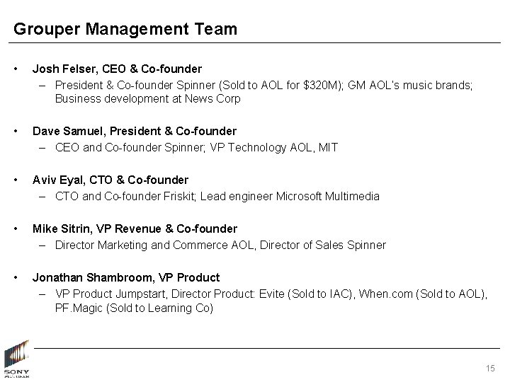 Grouper Management Team • Josh Felser, CEO & Co-founder – President & Co-founder Spinner